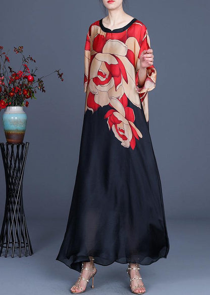 Red Print O-neck Chiffon Summer Dress