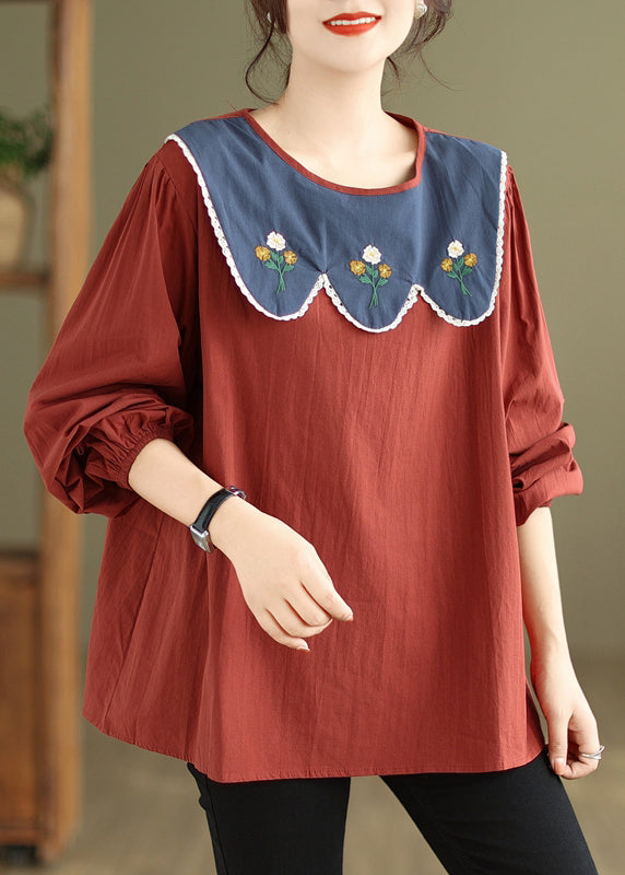 Rust Embroideried Patchwork Cotton Top Fall