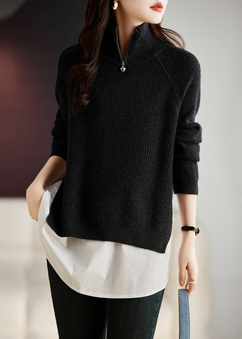 French Light Grey Side Open Patchwork Wool Sweaters Winter