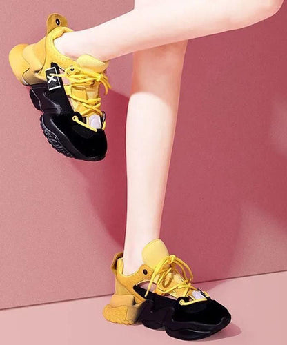 Yellow Platform Sport Shoes Suede Splicing Lace Up Breathable Mesh