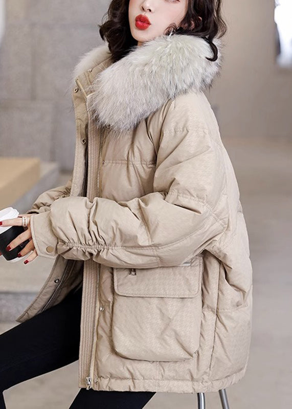 Khaki Warm Pockets Fox Collar Duck Down Coats Winter