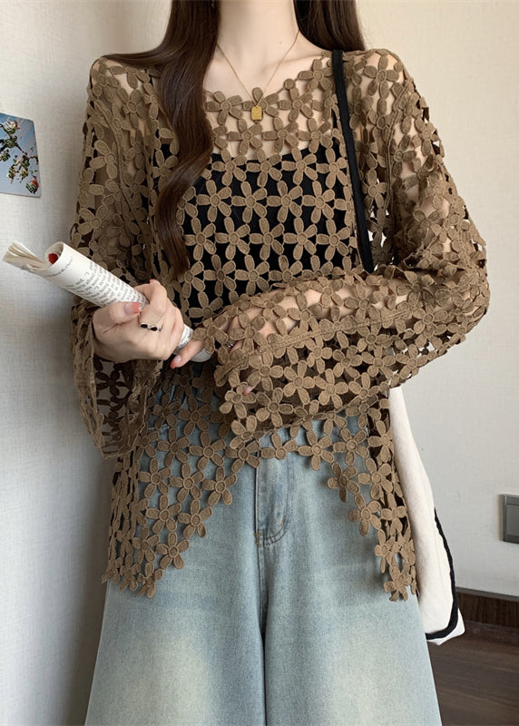 Coffee Lace Upf 50+ Tops Hollow Out Fall