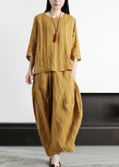 Yellow Pockets Linen Tops and Harm Pants Two Piece Outfit Three Quarter Sleeve