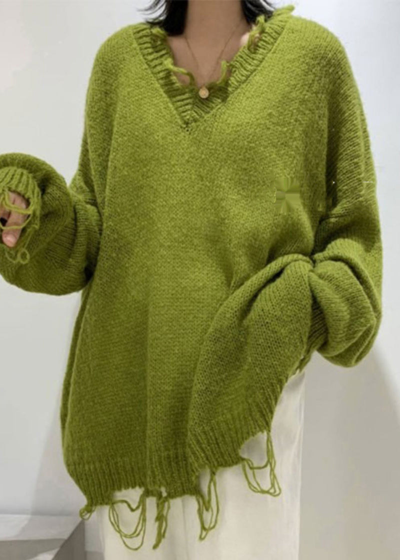 Green V Neck Ripped Ma Hai Mao Knit Sweaters Winter