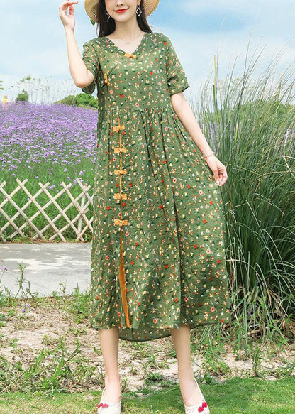 Green Stand Collar Chinese Button Print Linen Dress Summer