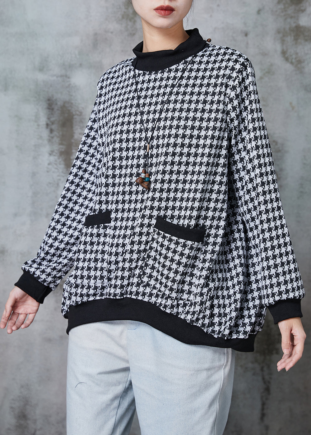 Black Oversized Plaid Cotton Sweatshirt Spring
