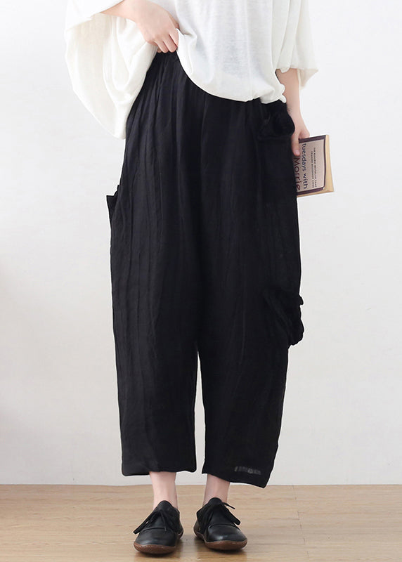 Black High Waist Pockets Linen Wide Leg Pants Summer