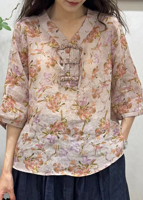 Pink Chinese Button Print Linen Shirt Half Sleeve