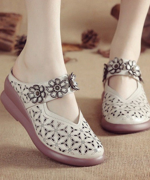 Beige Splicing Cowhide Leather Wedge Slide Sandals Hollow Out