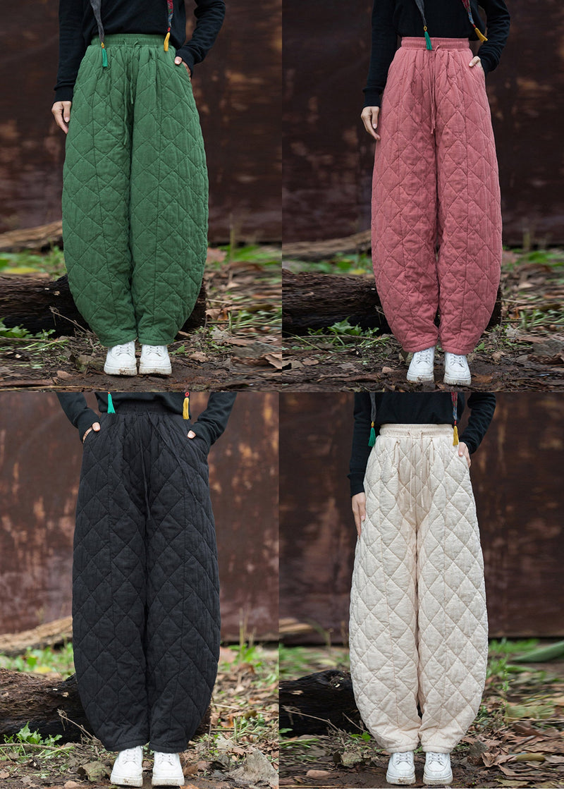 Pink Elastic Waist Thick Cotton Filled Winter Pants Plaid