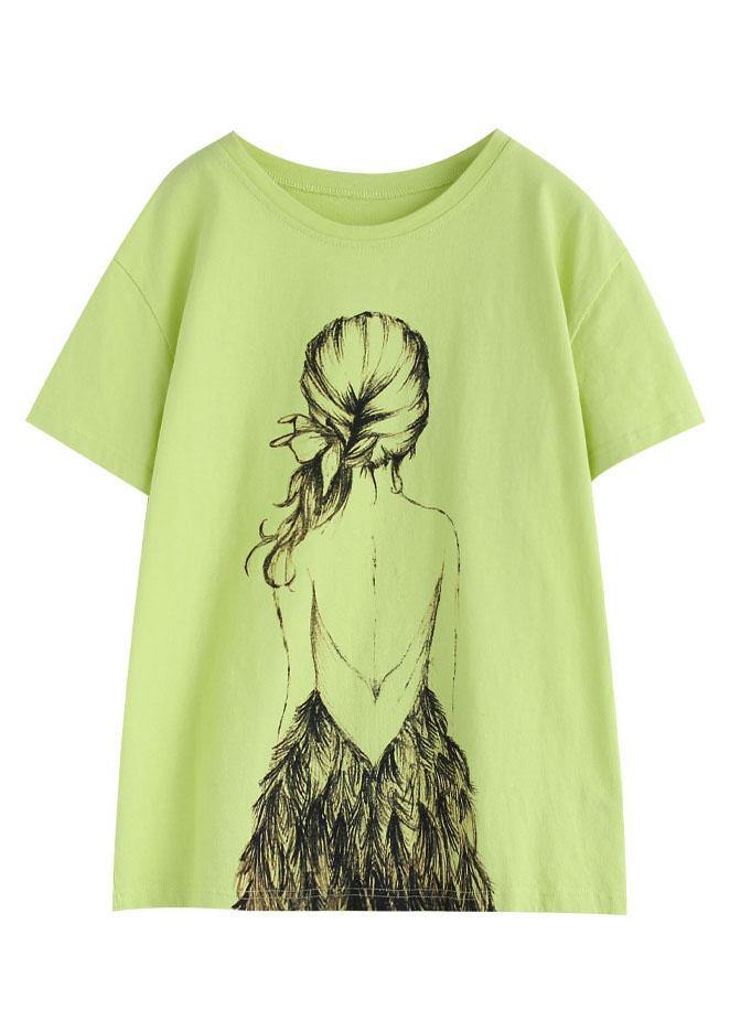 Green Print O-neck Cotton T Shirt Summer