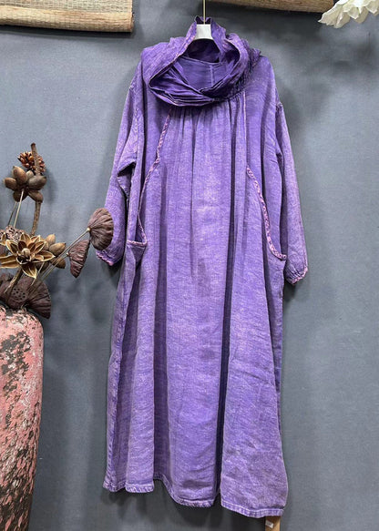 Purple Hooded Pockets Linen Long Dress Spring