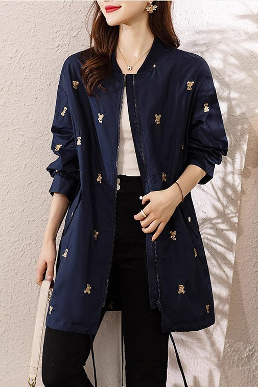 Navy Bear Embroidered Spandex Trench Coats Fall