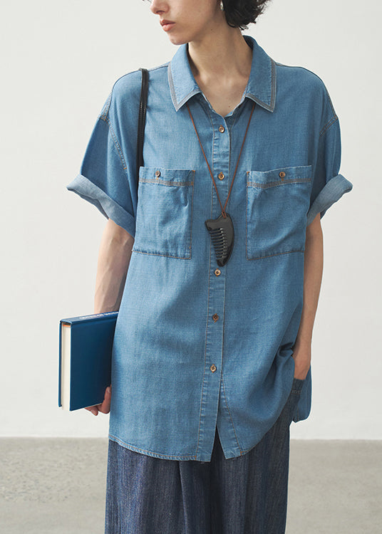 Blue Peter Pan Collar Pockets Button Denim Shirts Summer