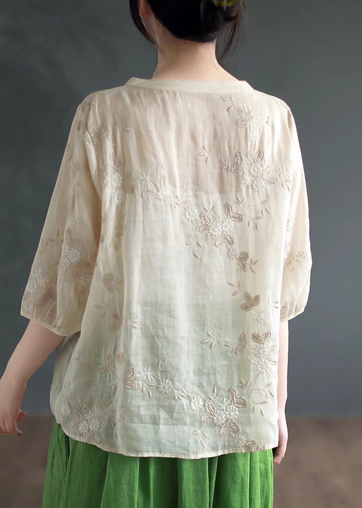 Apricot Embroideried Patchwork Linen Blouses O Neck Half Sleeve