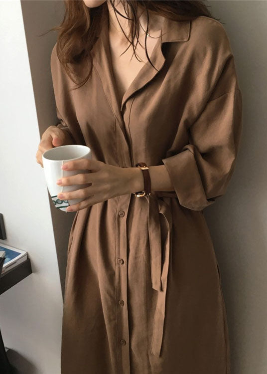 Loose Caramel Peter Pan Collar Tie Waist Cotton Shirts Dresses Spring