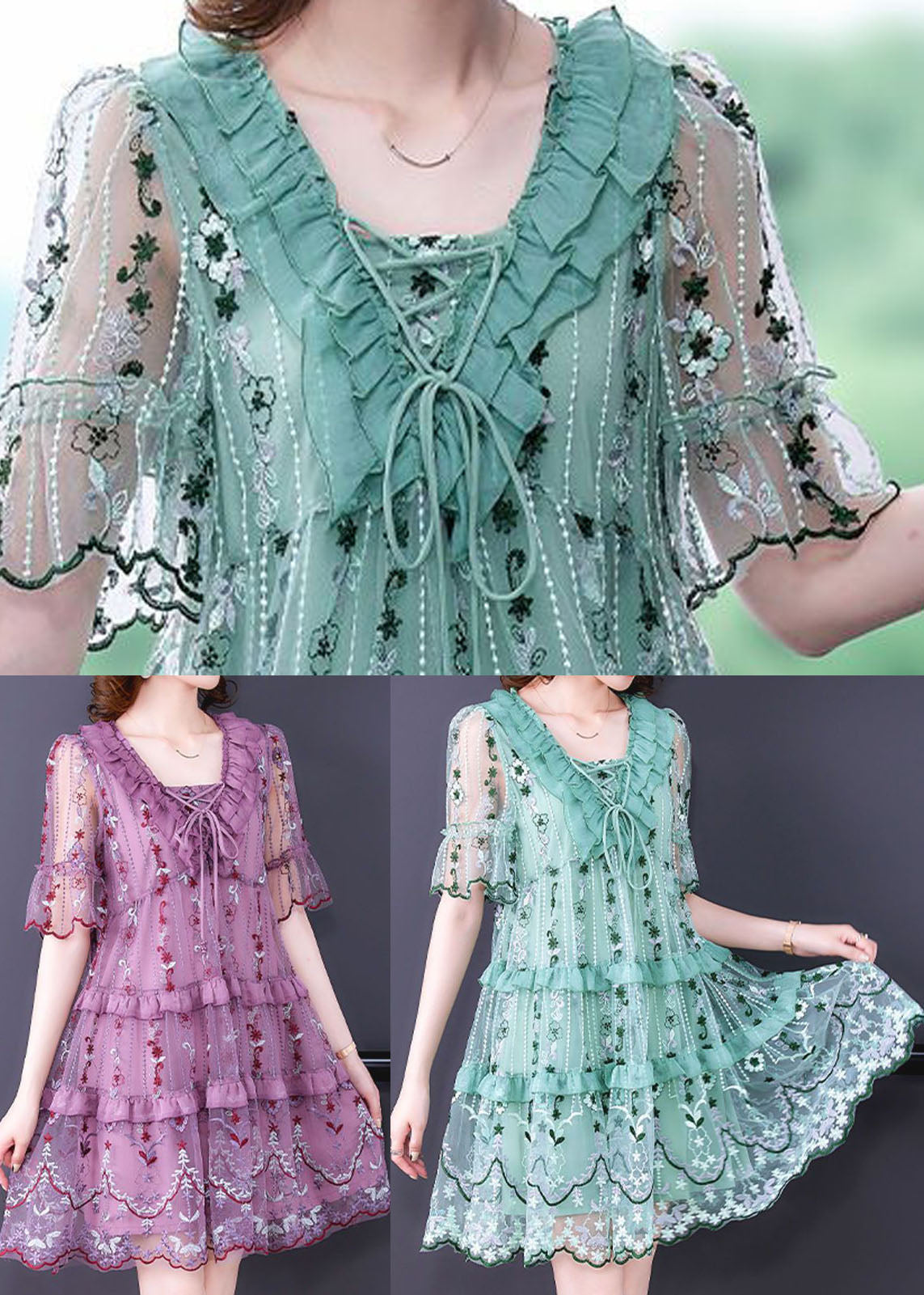 Boutique Purple Ruffles Print Hollow Out Tulle a Line Dresses Summer