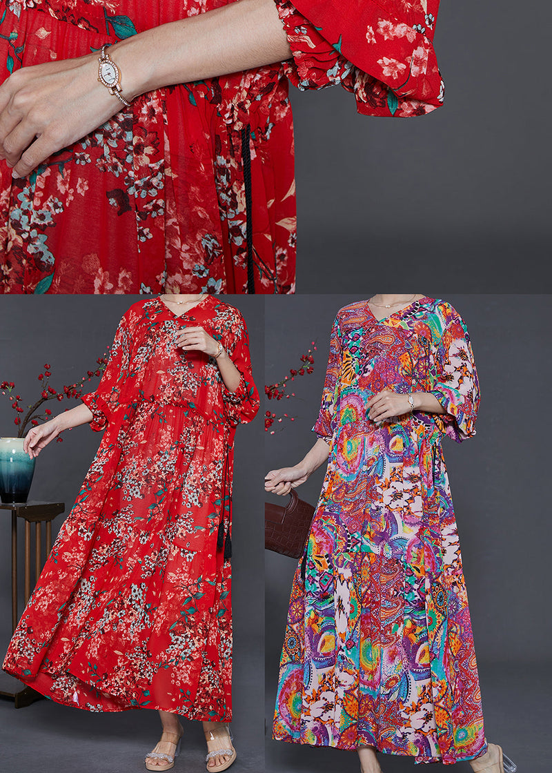 Red Cinched Print Chiffon Vacation Dresses Summer