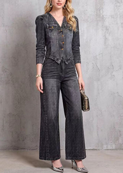 V Neck Top and Pants Denim Two Pieces Set Spring
