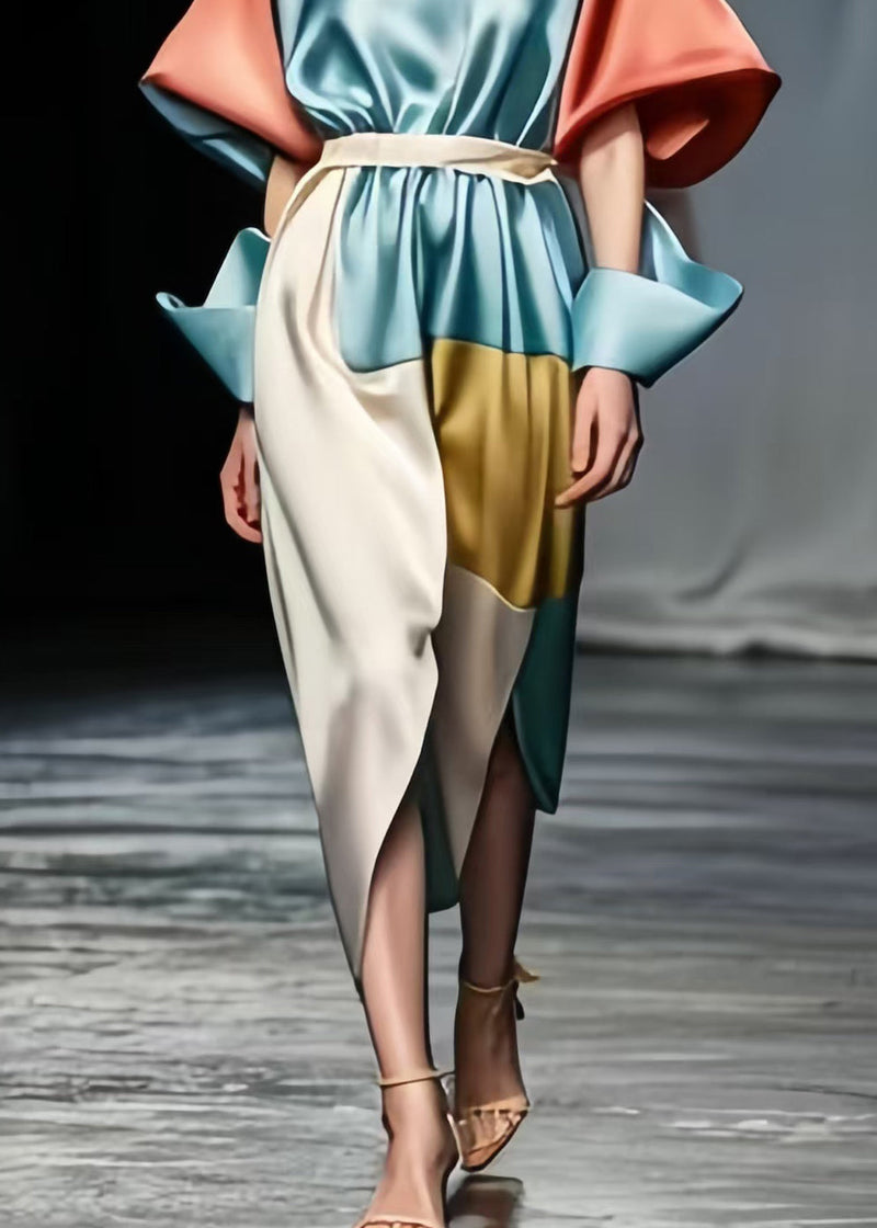 Sky Blue Tie Waist Patchwork Side Open Silk Dresses Puff Sleeve Fall