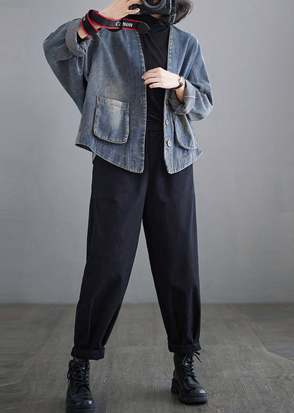 Blue Oversized Pockets Denim Coat Outwear Spring