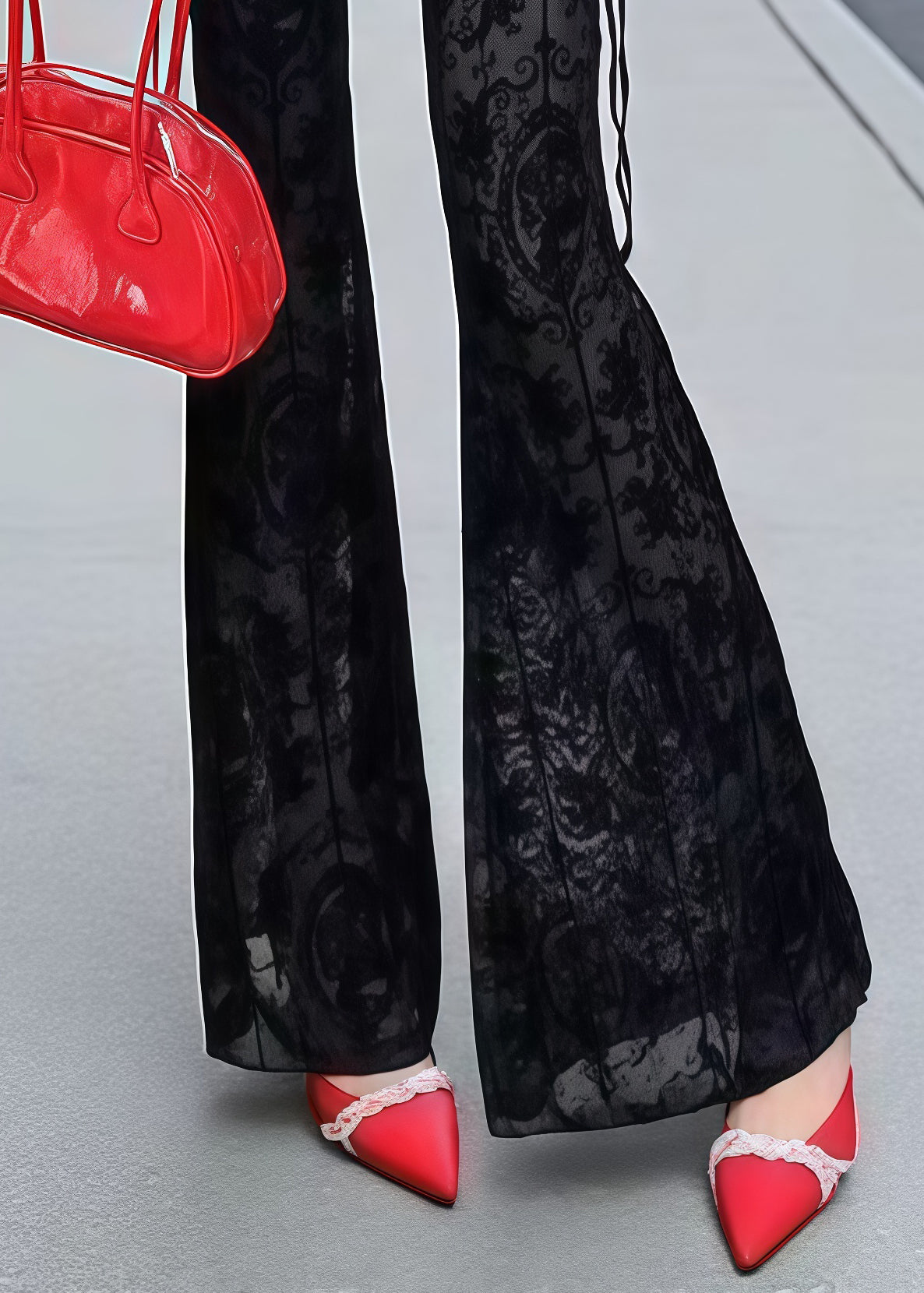French Black Jacquard Drawstring Lace Flared Trousers Summer