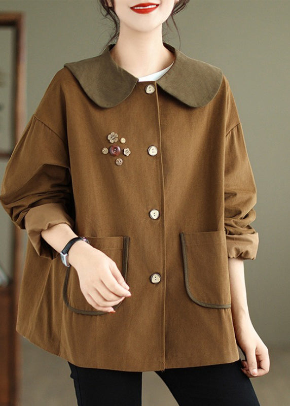 Chocolate Peter Pan Collar Patchwork Cotton Coat Spring