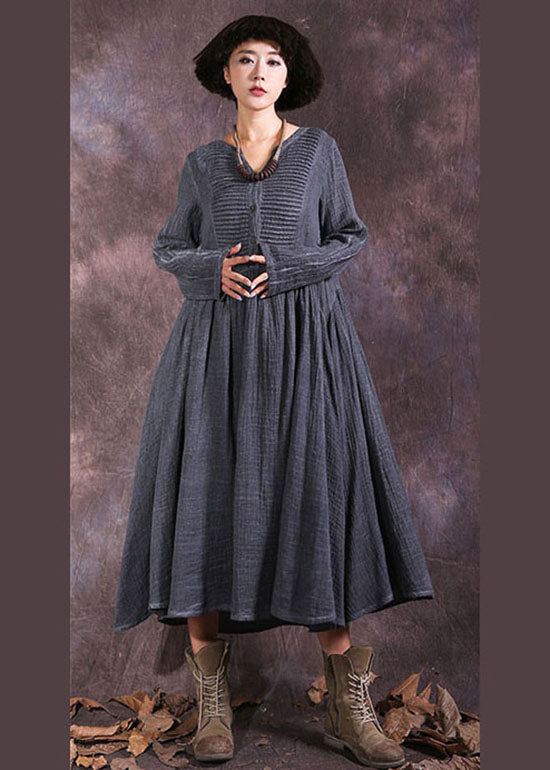 French Grey V Neck Wrinkled Cotton Holiday Dress Spring