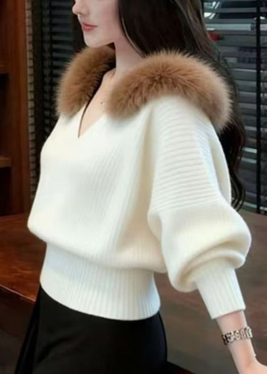 Slim Fit Beige Fur Collar Knit Sweater Tops Spring