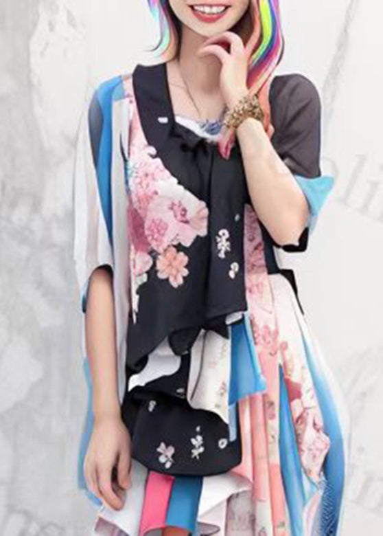 Rainbow Asymmetrical Print Silk Long Dresses Summer