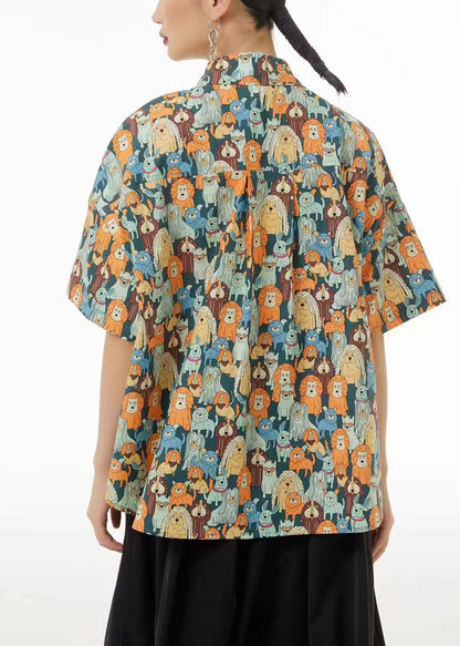 Khaki Peter Pan Collar Animal Print Cotton Blouses Summer