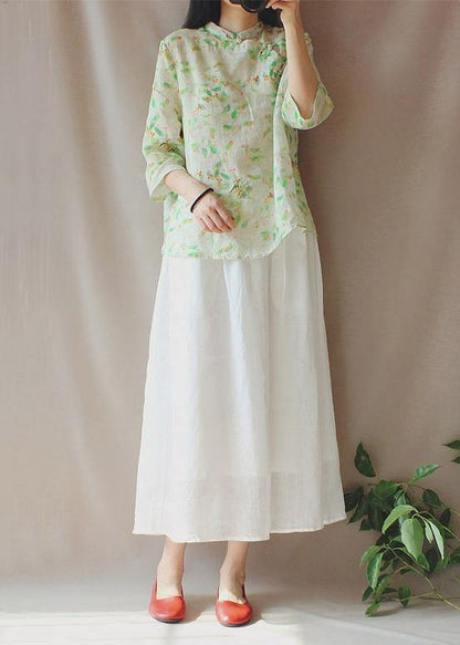 Stand Collar Half Sleeve Clothes for Green Leaves Tops