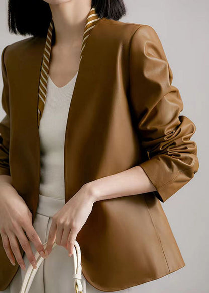 Brown V Neck Patchwork Sheepskin Coats Fall