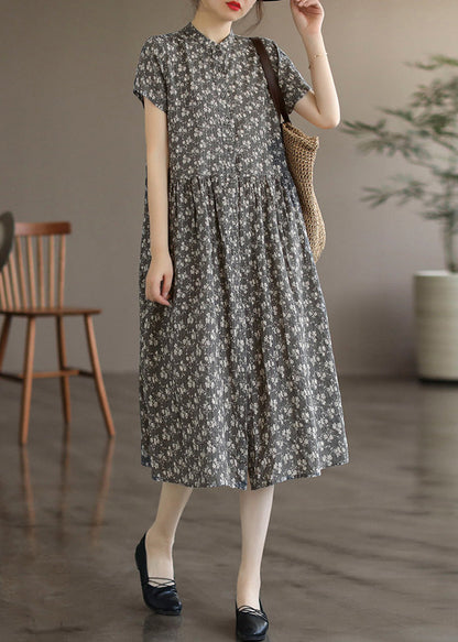 Retro Grey Stand Collar Print Linen Long Dresses Summer