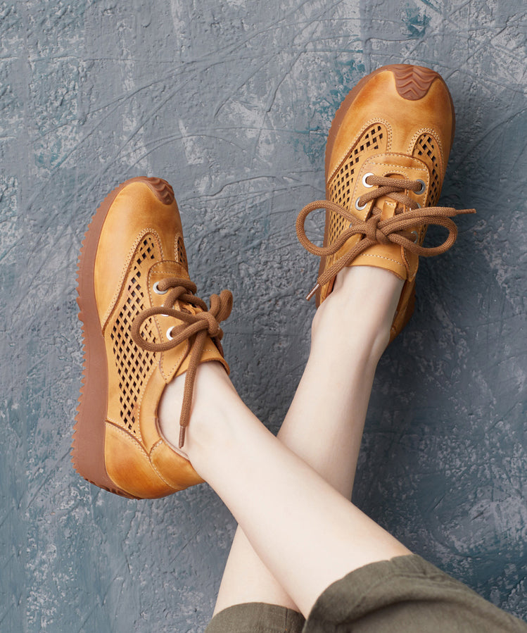 Beige Cowhide Leather Flats Hollow Out Lace Up Flat Feet Shoes