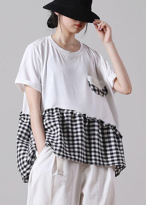 Boutique White Patchwork Plaid Pockets Cotton Shirt Tops Short Sleeve Summer