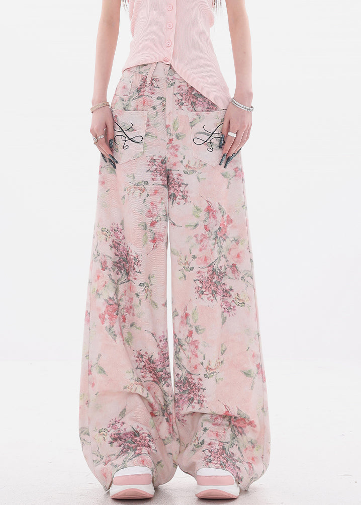 Pink Print Pockets High Waist Denim Wide Leg Pants Fall