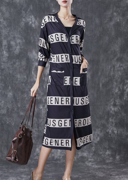 Black V Neck Letter Print Cotton Dresses Spring