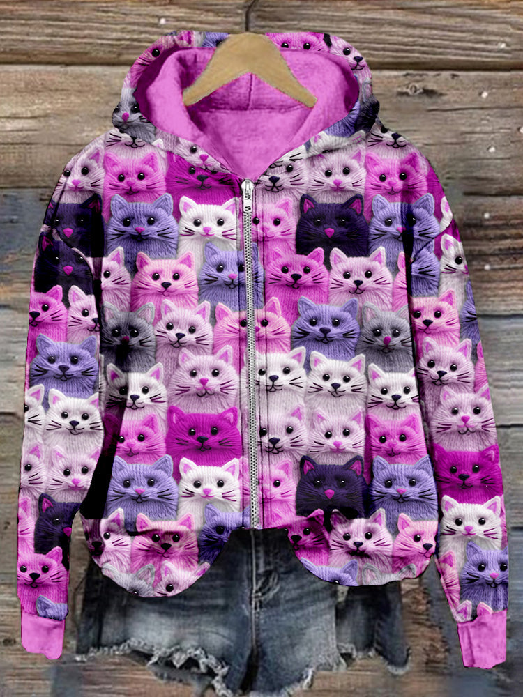 Colorful Cute Cats Embroidered Zip Up Comfy Hoodie elevenforest