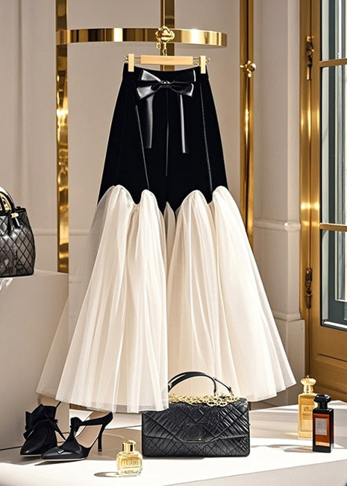Black Bow High Waist Tulle Patchwork Silk Velvet Skirt Spring