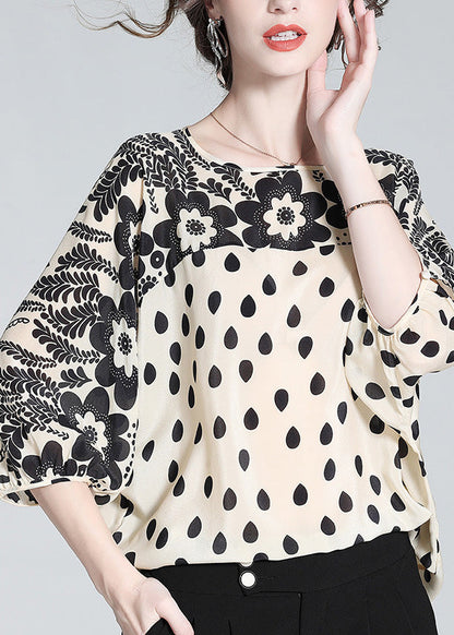 Apricot O-neck Print Silk Shirts Long Sleeve