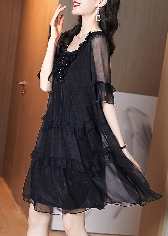 Black Ruffled Patchwork Chiffon Dress Summer