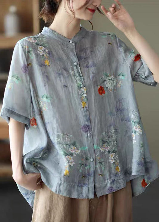 Blue Stand Collar Print Tops Half Sleeve