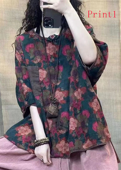 Retro Loose Print O-neck Linen Tops Summer