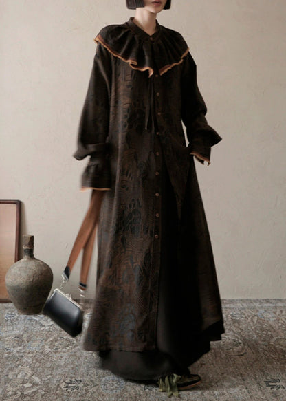 Chocolate Ruffled Print Patchwork Silk Long Dress Spring