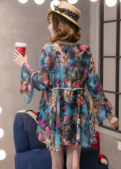 Blue V Neck Print Chiffon Shirt Tops Long Sleeve