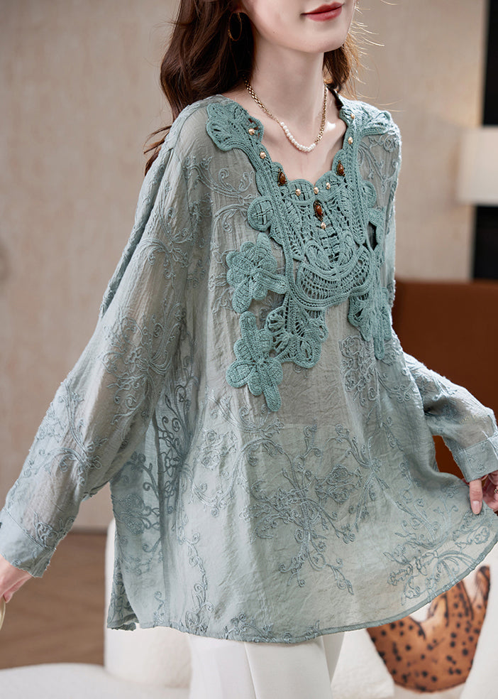 Natural Blue Embroidered Hollow Out Chiffon Top Spring