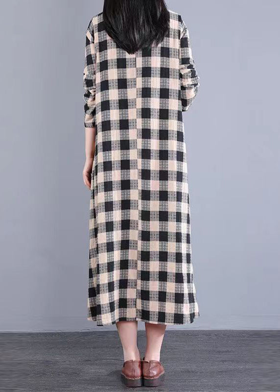 Black Plaid Stand Collar Patchwork Cotton Long Dresses Fall