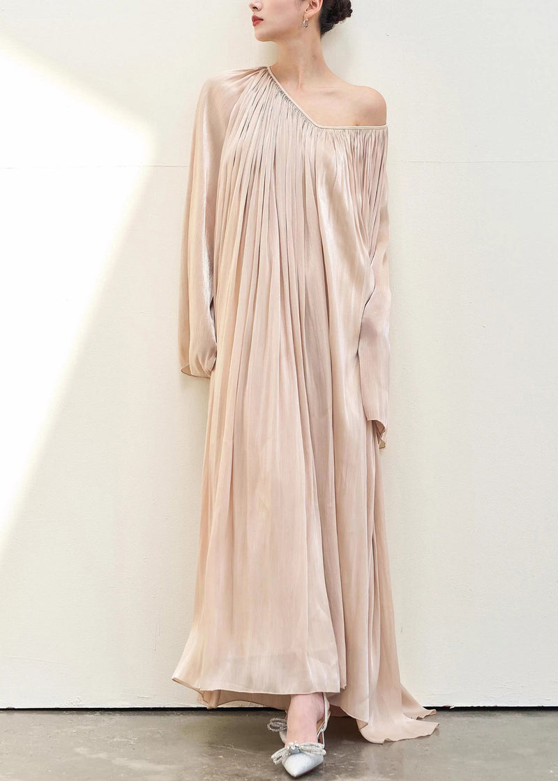 Pink V Neck Wrinkled Silk Maxi Dresses Fall