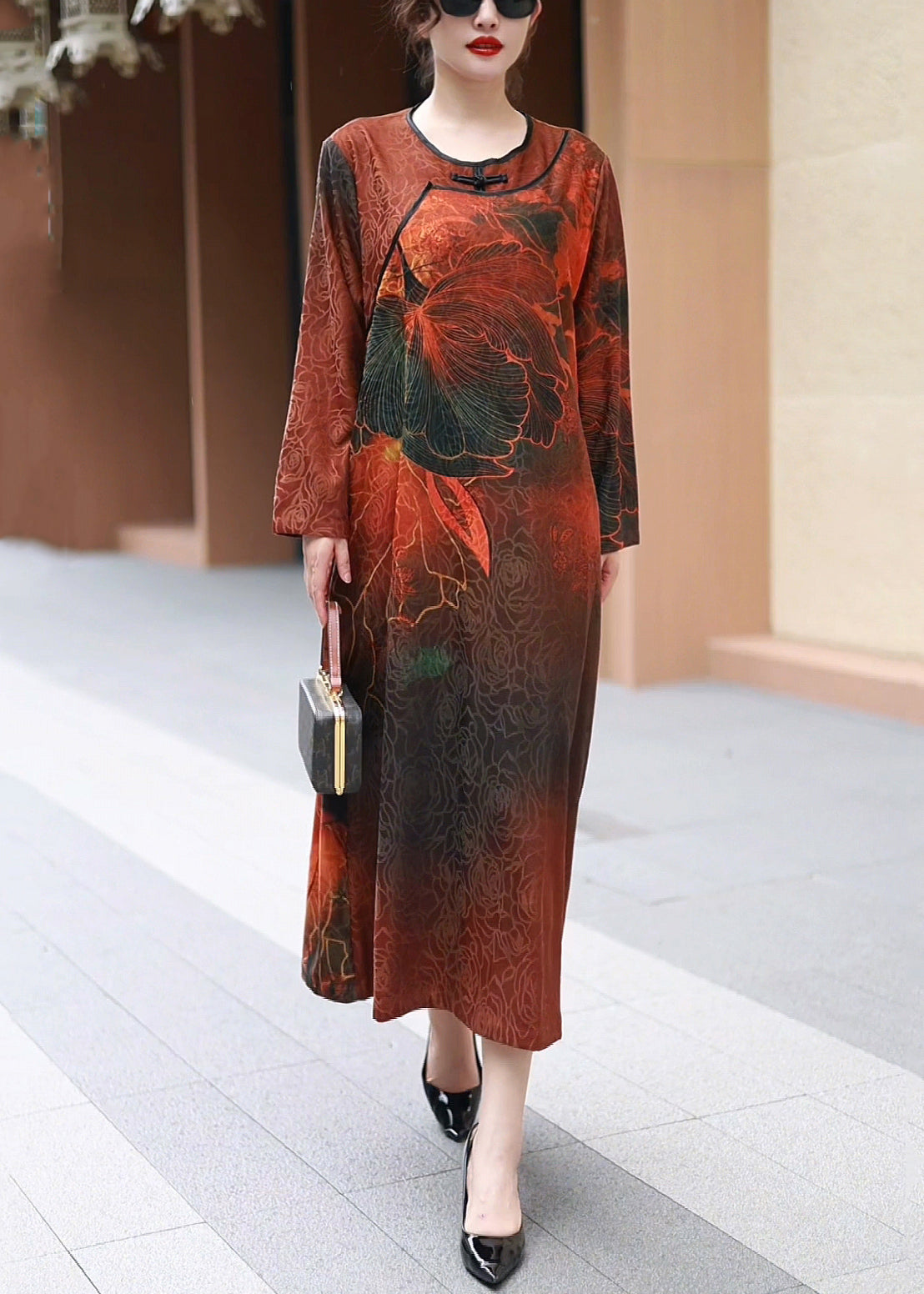 Red O Neck Print Cotton Long Dress Fall